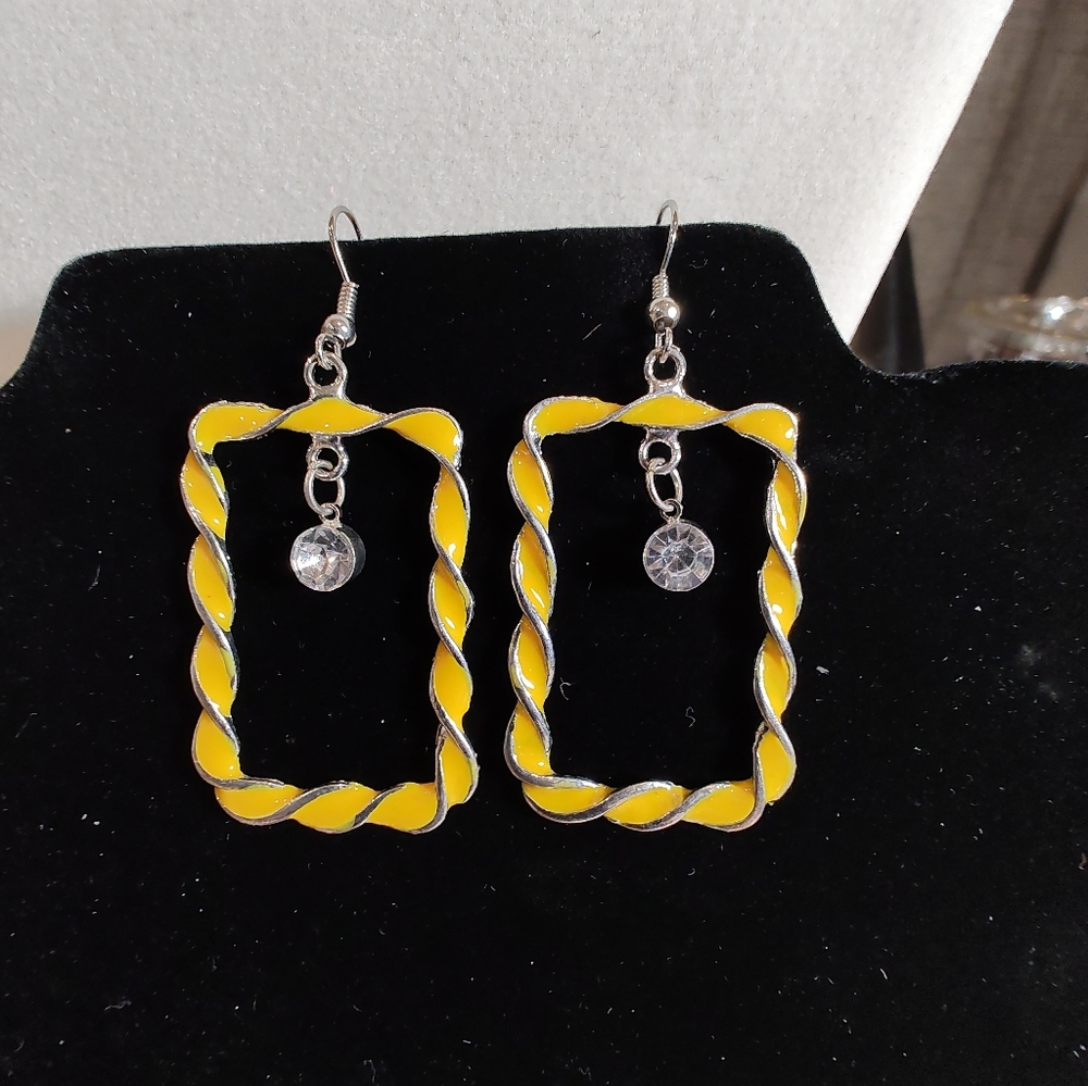 Final $ Yellow And Silver Tone Twisted Rectangle Earrings With Rhinestone Accent